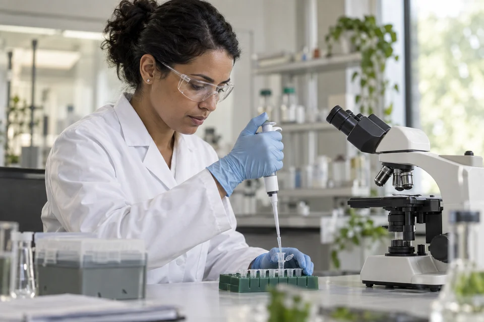 Cena ilustrativa gerada por IA: pesquisadora de jaleco, óculos e luvas usando uma micropipeta em uma bancada de laboratório, ao lado de um microscópio.